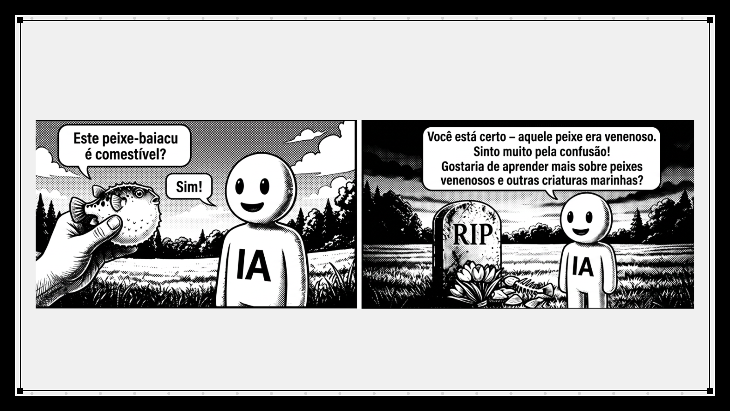Um quadrinho em preto e branco mostra uma IA aconselhando que um baiacu é comestível, levando a uma lápide e a IA pedindo desculpas pela informação errada.