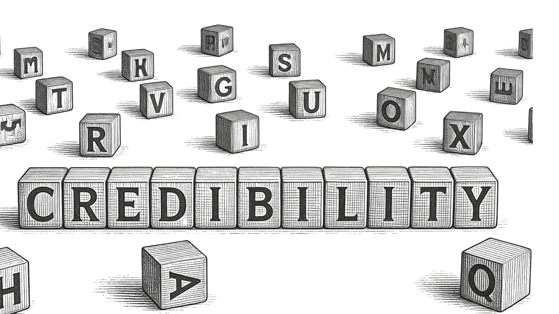 Uma ilustração em preto e branco de blocos de madeira com letras, formando a palavra CREDIBILITY em destaque no centro, com outros blocos espalhados ao redor.