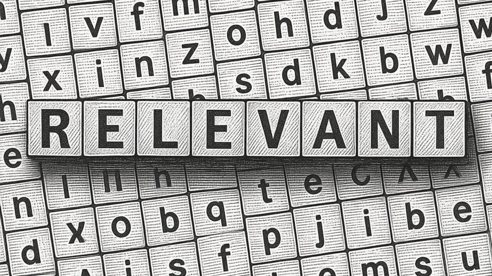 Uma fileira de peças de jogo tipo Scrabble soletra a palavra RELEVANT em letras maiúsculas escuras, sobre um fundo de letras aleatórias em tons