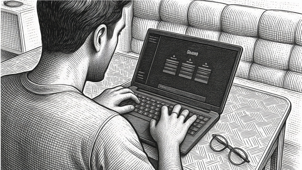 Um homem de costas, em estilo de desenho preto e branco, digita em um laptop exibindo "Gerenciando" e ícones, com óculos na mesa.