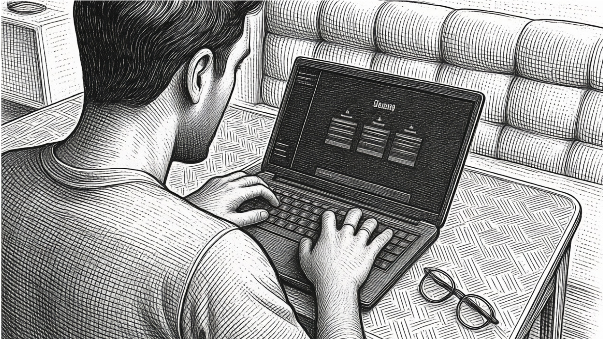 Um homem de costas, em estilo de desenho preto e branco, digita em um laptop exibindo "Gerenciando" e ícones, com óculos na mesa.